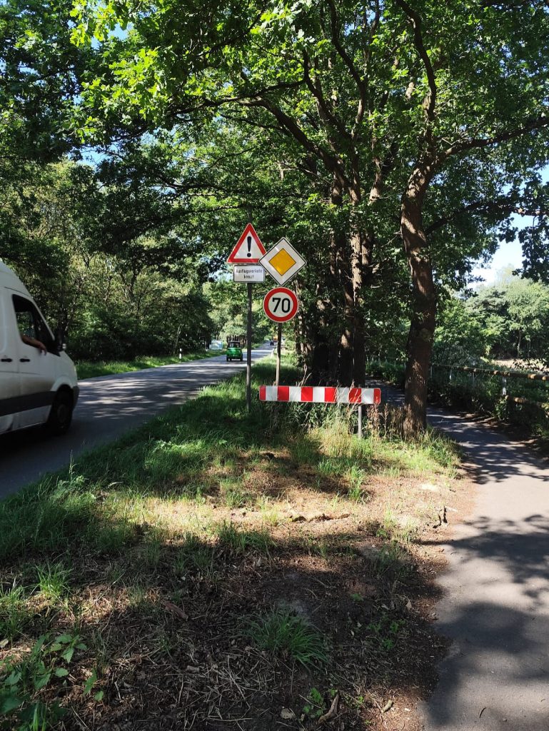 Von Bäumen beschattete Straße mit einem Tempo-70-Schild am Straßenrand.